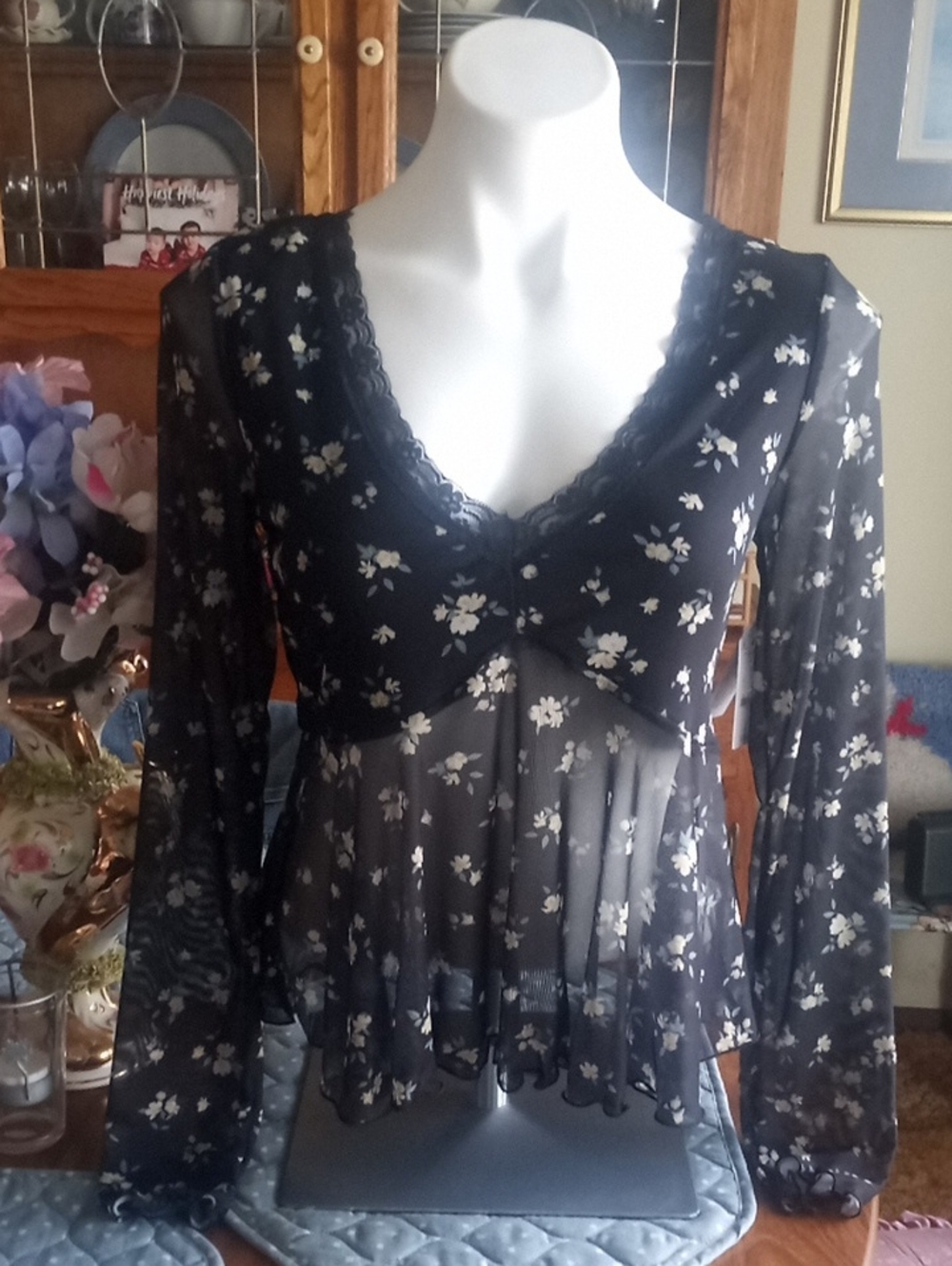 Ardene Black Sheer Floral Lace-Trim Blouse
